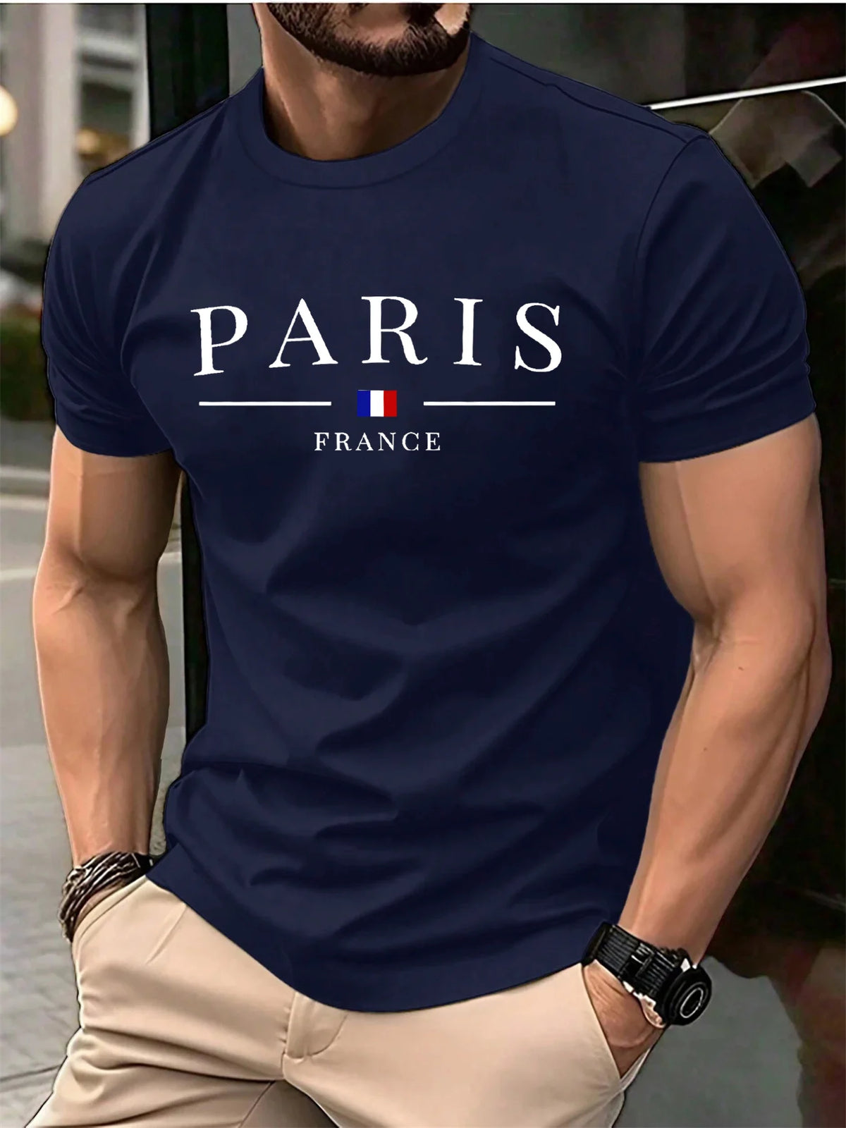 Summer men's 100% pure cotton casual loose plus size Paris French printed sports comfortable round neck short sleeved T-shirt