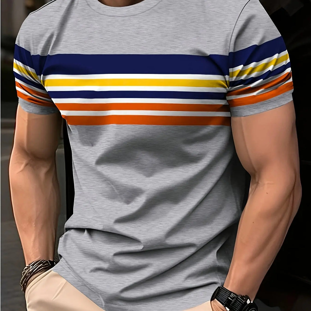Men's Casual Crew Neck T-Shirt with Unique Digital Print - Breathable Polyester,Machine Washable,Summer-Ready,Non-Transparent,Re