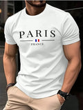 Summer men's 100% pure cotton casual loose plus size Paris French printed sports comfortable round neck short sleeved T-shirt