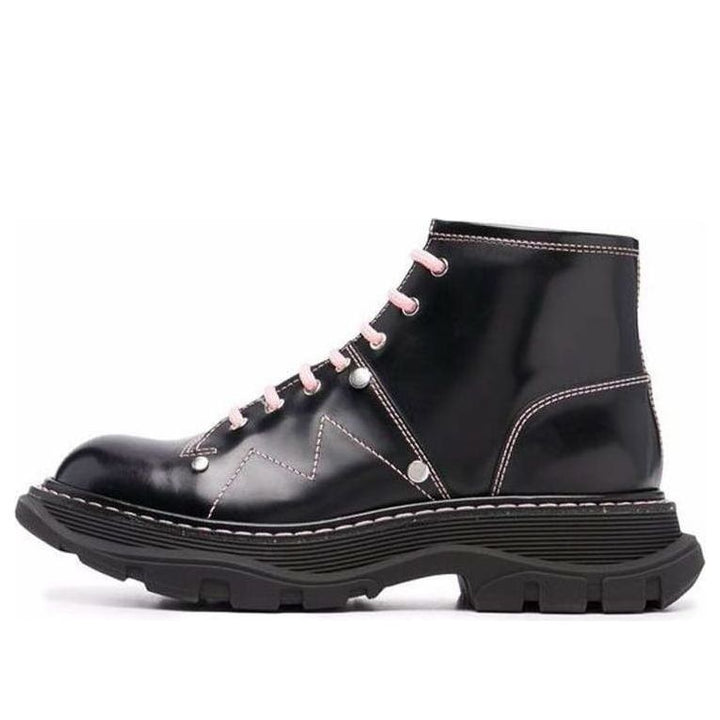 (WMNS) Alexander McQueen Contrast Stitch Tread Lace Up Boots 'Black Pink' 595469WHZ881336 #